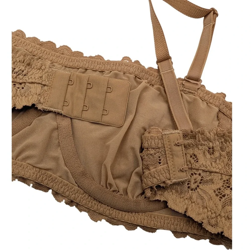 Aerie Happy Lace Bandeau Bra Tan Floral Scalloped‎ Underwire Convertible - 32B